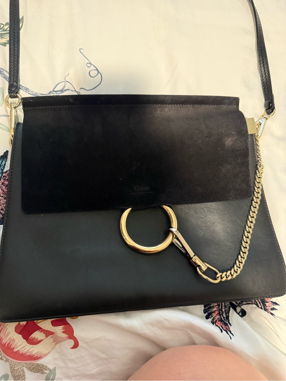 Chloe Black Leather & Suede Shoulder Bag with Gold Ring
